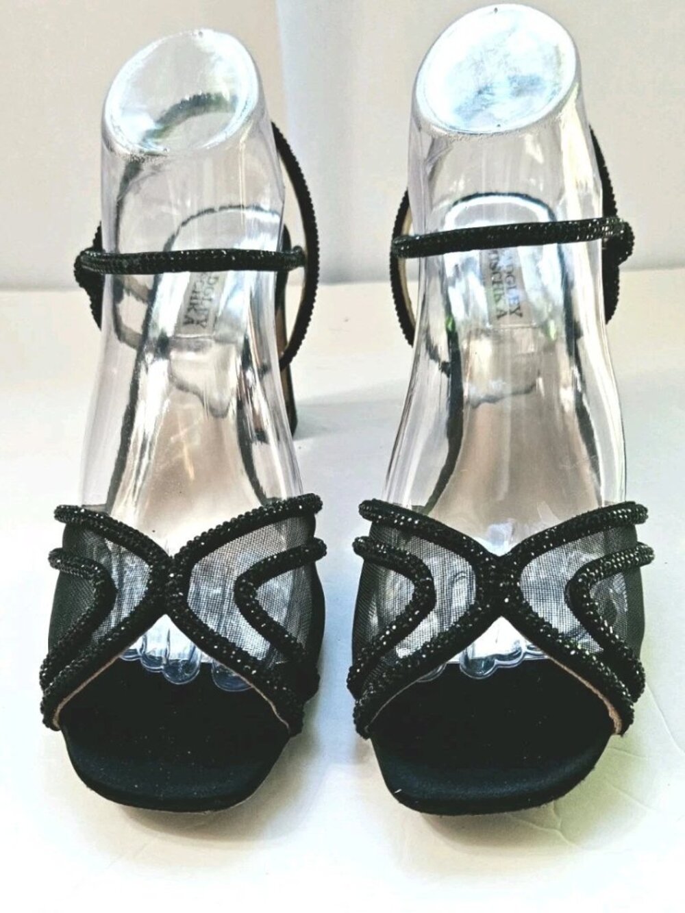 Badgely Mischka Hey Black Embellished Crystal Satin Block Heel Sandal Size 9.5